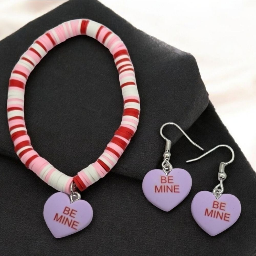 Purple Candy Heart Charm Bracelet & Earring Set 💜 “Be Mine” Valentine (3-Piece)